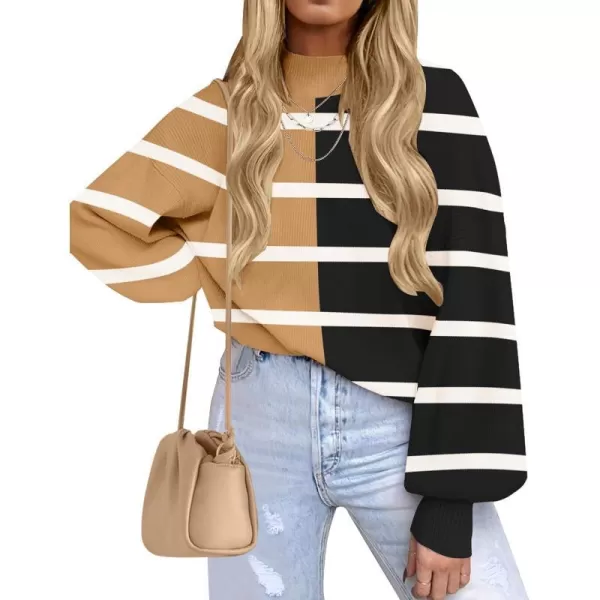 imageZESICA Womens 2023 Fall Fashion Turtleneck Long Sleeve Striped Ribbed Knit Loose Pullover Sweater TopsLightkhaki