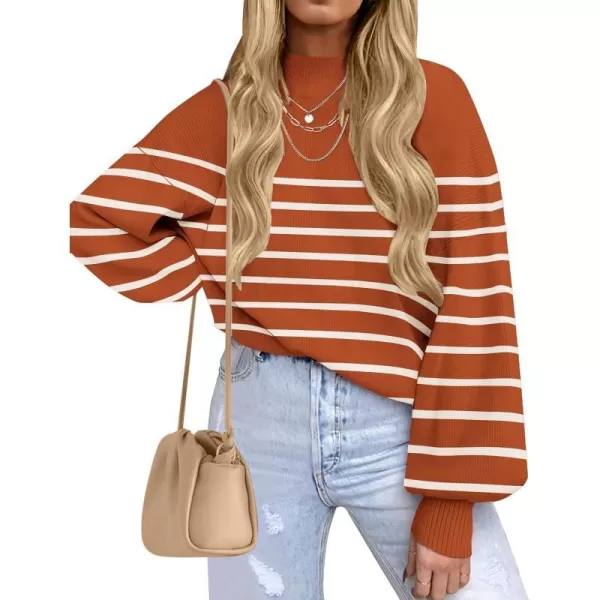 imageZESICA Womens 2023 Fall Fashion Turtleneck Long Sleeve Striped Ribbed Knit Loose Pullover Sweater TopsMaple