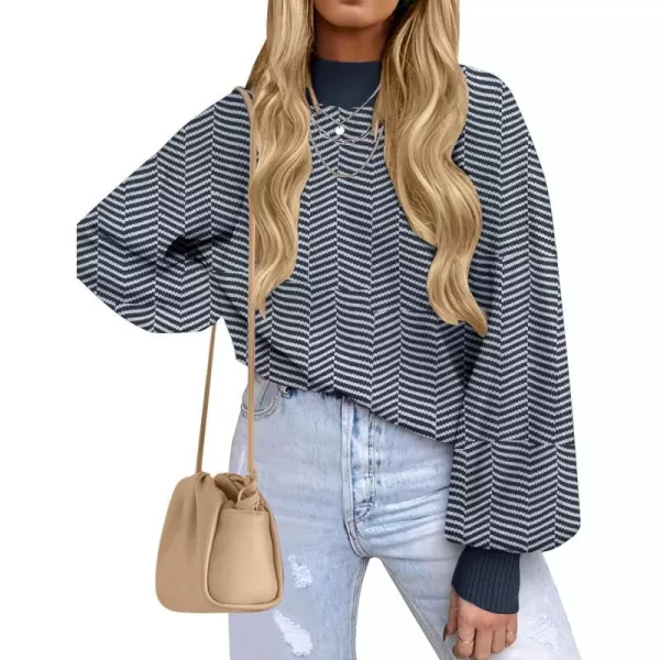 imageZESICA Womens 2023 Fall Fashion Turtleneck Long Sleeve Striped Ribbed Knit Loose Pullover Sweater TopsNavystripe
