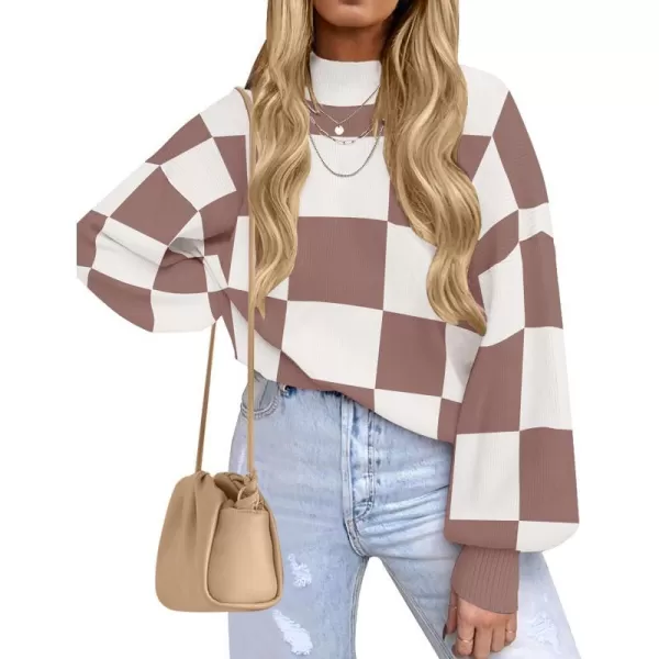 imageZESICA Womens 2023 Fall Fashion Turtleneck Long Sleeve Striped Ribbed Knit Loose Pullover Sweater TopsNutmeg