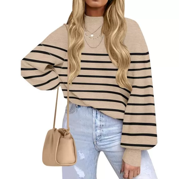 imageZESICA Womens 2023 Fall Fashion Turtleneck Long Sleeve Striped Ribbed Knit Loose Pullover Sweater TopsOatmeal