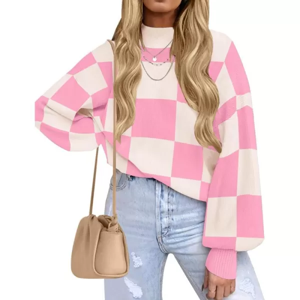 imageZESICA Womens 2023 Fall Fashion Turtleneck Long Sleeve Striped Ribbed Knit Loose Pullover Sweater TopsPinkplaid