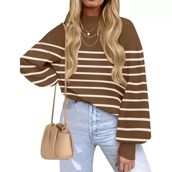imageZESICA Womens 2023 Fall Fashion Turtleneck Long Sleeve Striped Ribbed Knit Loose Pullover Sweater TopsTan