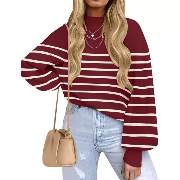 imageZESICA Womens 2023 Fall Fashion Turtleneck Long Sleeve Striped Ribbed Knit Loose Pullover Sweater TopsWine