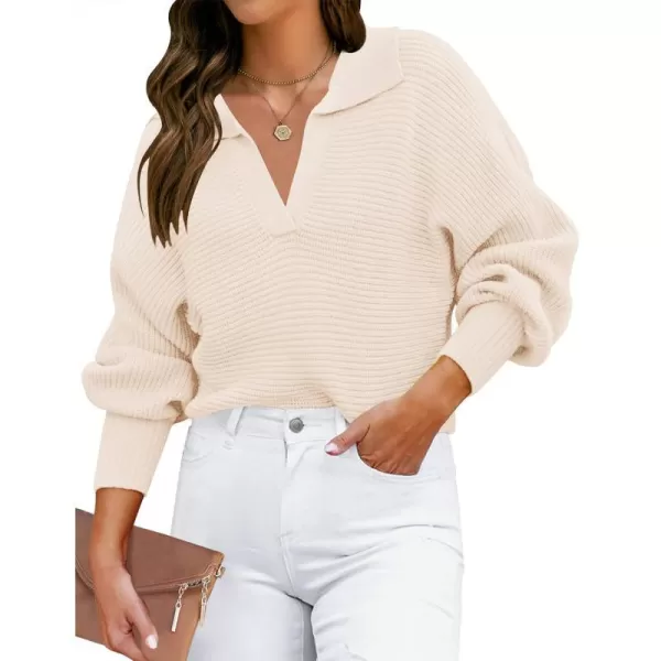 imageZESICA Womens 2023 Fall Lapel Collar V Neck Long Sleeve Ribbed Knit Comfy Loose Casual Pullover Sweater Jumper TopBeige