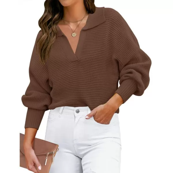 imageZESICA Womens 2023 Fall Lapel Collar V Neck Long Sleeve Ribbed Knit Comfy Loose Casual Pullover Sweater Jumper TopCoffee