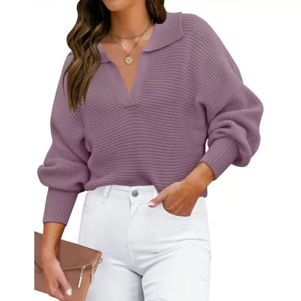 imageZESICA Womens 2023 Fall Lapel Collar V Neck Long Sleeve Ribbed Knit Comfy Loose Casual Pullover Sweater Jumper TopDarkpurple