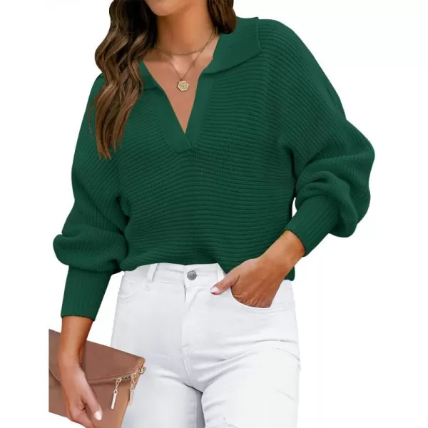 imageZESICA Womens 2023 Fall Lapel Collar V Neck Long Sleeve Ribbed Knit Comfy Loose Casual Pullover Sweater Jumper TopForestgreen