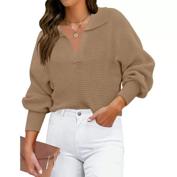 imageZESICA Womens 2023 Fall Lapel Collar V Neck Long Sleeve Ribbed Knit Comfy Loose Casual Pullover Sweater Jumper TopKhaki