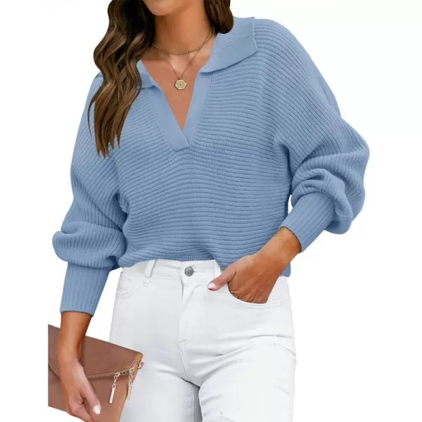 imageZESICA Womens 2023 Fall Lapel Collar V Neck Long Sleeve Ribbed Knit Comfy Loose Casual Pullover Sweater Jumper TopLightblue