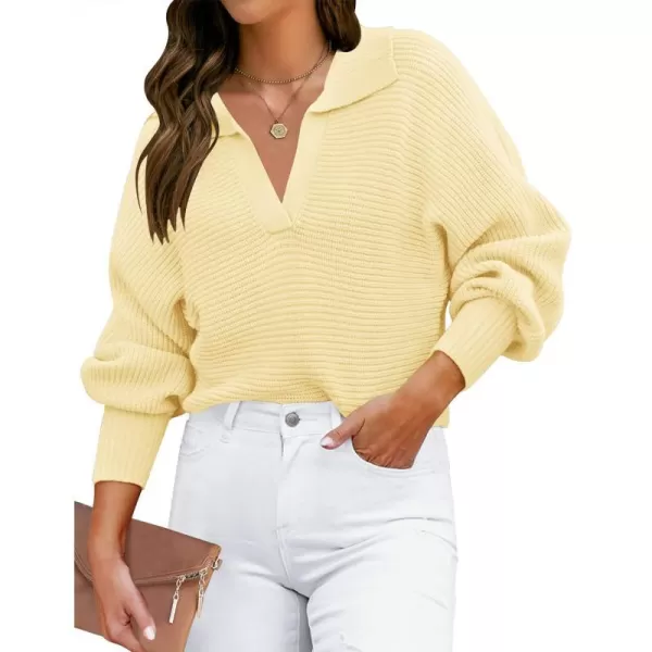 imageZESICA Womens 2023 Fall Lapel Collar V Neck Long Sleeve Ribbed Knit Comfy Loose Casual Pullover Sweater Jumper TopLightyellow