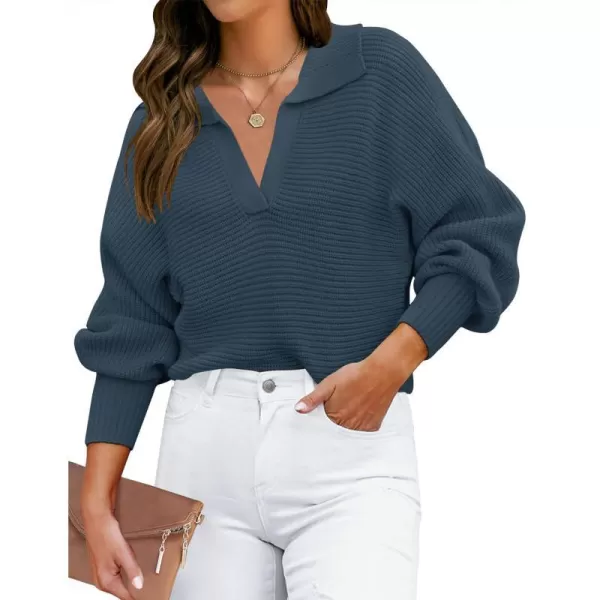 imageZESICA Womens 2023 Fall Lapel Collar V Neck Long Sleeve Ribbed Knit Comfy Loose Casual Pullover Sweater Jumper TopNavy