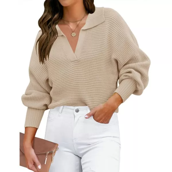imageZESICA Womens 2023 Fall Lapel Collar V Neck Long Sleeve Ribbed Knit Comfy Loose Casual Pullover Sweater Jumper TopOatmeal