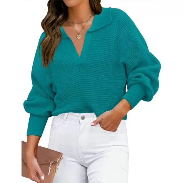 imageZESICA Womens 2023 Fall Lapel Collar V Neck Long Sleeve Ribbed Knit Comfy Loose Casual Pullover Sweater Jumper TopPeacock