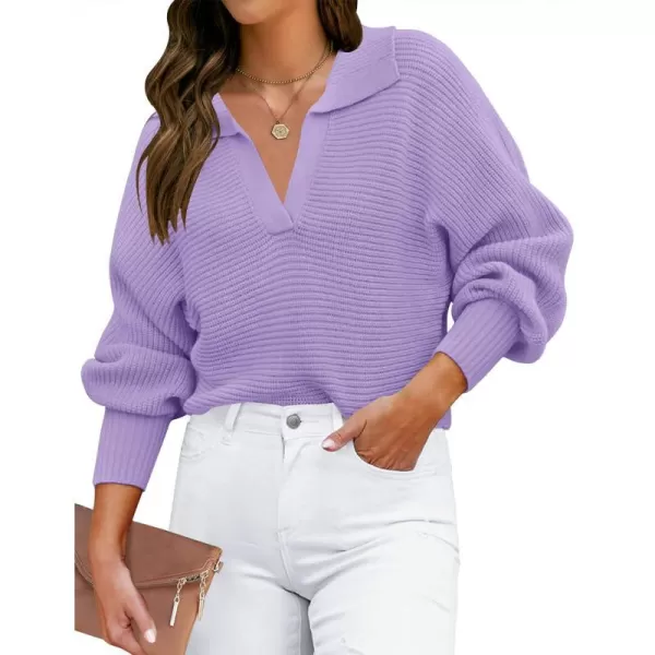 imageZESICA Womens 2023 Fall Lapel Collar V Neck Long Sleeve Ribbed Knit Comfy Loose Casual Pullover Sweater Jumper TopPurple