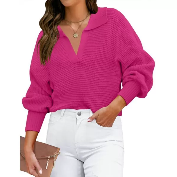 imageZESICA Womens 2023 Fall Lapel Collar V Neck Long Sleeve Ribbed Knit Comfy Loose Casual Pullover Sweater Jumper TopRose