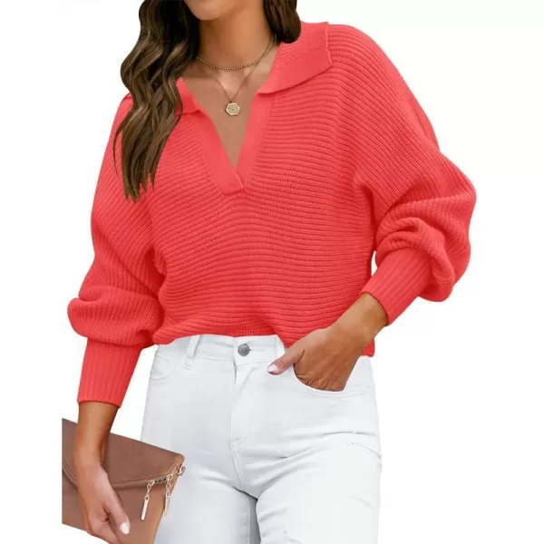 imageZESICA Womens 2023 Fall Lapel Collar V Neck Long Sleeve Ribbed Knit Comfy Loose Casual Pullover Sweater Jumper TopWatermelon