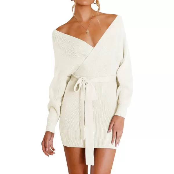 imageZESICA Womens 2023 Fall Long Batwing Sleeve Wrap V Neck Knitted Backless Bodycon Pullover Sweater Dress with BeltApricot