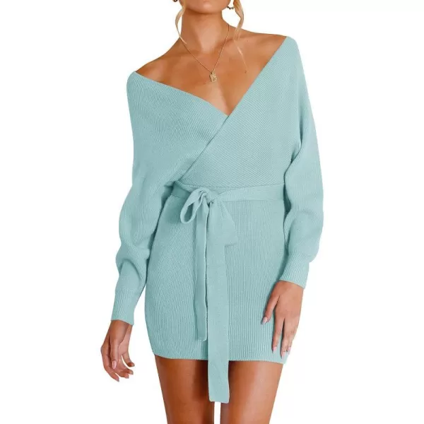 imageZESICA Womens 2023 Fall Long Batwing Sleeve Wrap V Neck Knitted Backless Bodycon Pullover Sweater Dress with BeltAqua