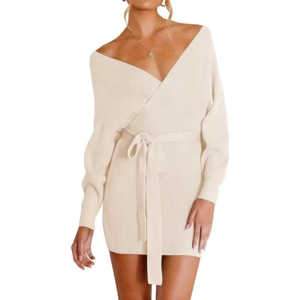 imageZESICA Womens 2023 Fall Long Batwing Sleeve Wrap V Neck Knitted Backless Bodycon Pullover Sweater Dress with BeltBeige