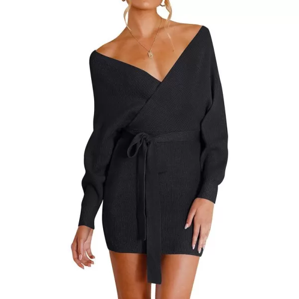 imageZESICA Womens 2023 Fall Long Batwing Sleeve Wrap V Neck Knitted Backless Bodycon Pullover Sweater Dress with BeltBlack
