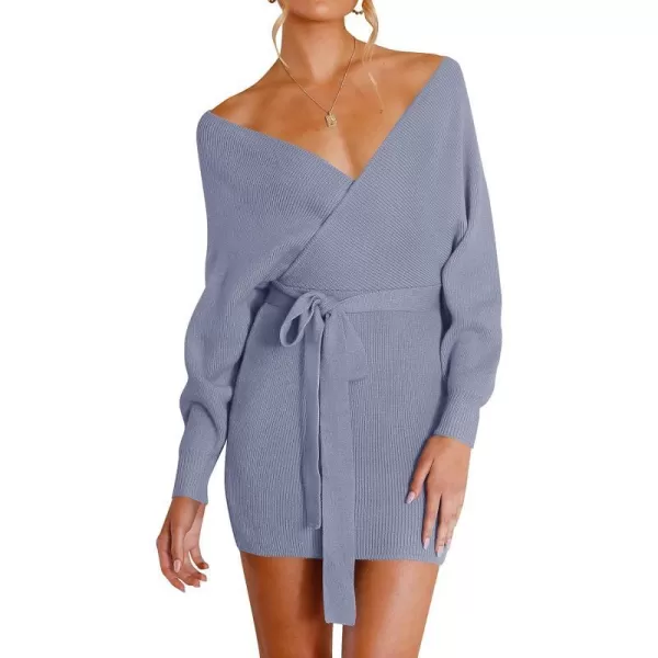 imageZESICA Womens 2023 Fall Long Batwing Sleeve Wrap V Neck Knitted Backless Bodycon Pullover Sweater Dress with BeltBlue