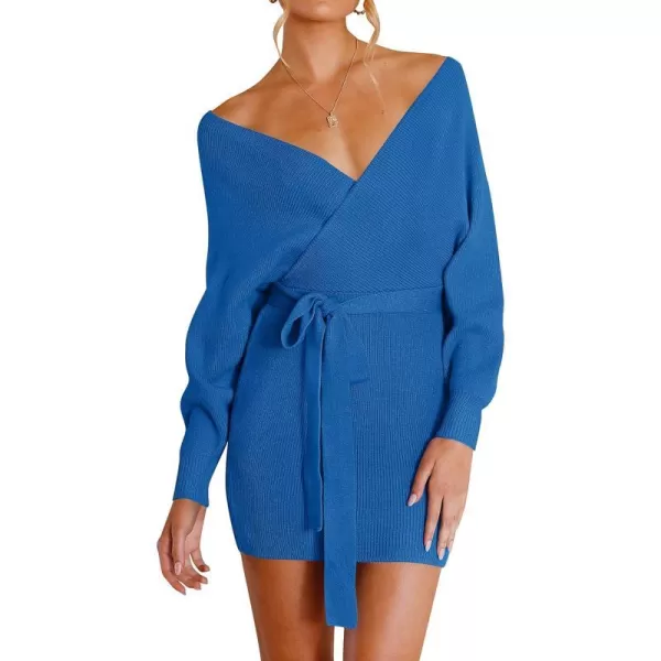 imageZESICA Womens 2023 Fall Long Batwing Sleeve Wrap V Neck Knitted Backless Bodycon Pullover Sweater Dress with BeltBrightblue