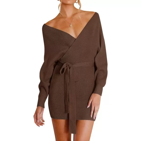 imageZESICA Womens 2023 Fall Long Batwing Sleeve Wrap V Neck Knitted Backless Bodycon Pullover Sweater Dress with BeltBrown