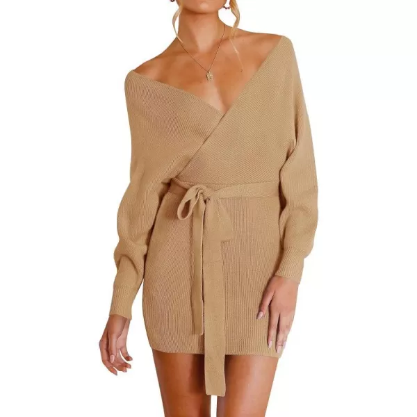 imageZESICA Womens 2023 Fall Long Batwing Sleeve Wrap V Neck Knitted Backless Bodycon Pullover Sweater Dress with BeltCamel