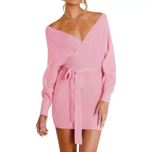 imageZESICA Womens 2023 Fall Long Batwing Sleeve Wrap V Neck Knitted Backless Bodycon Pullover Sweater Dress with BeltCandypink