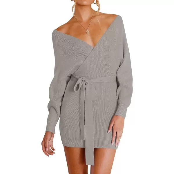 imageZESICA Womens 2023 Fall Long Batwing Sleeve Wrap V Neck Knitted Backless Bodycon Pullover Sweater Dress with BeltGrey