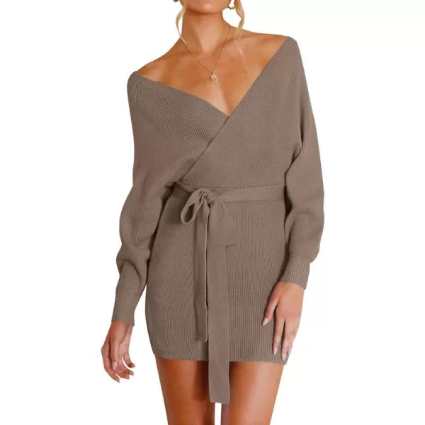 imageZESICA Womens 2023 Fall Long Batwing Sleeve Wrap V Neck Knitted Backless Bodycon Pullover Sweater Dress with BeltGreykhaki