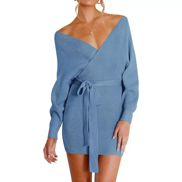imageZESICA Womens 2023 Fall Long Batwing Sleeve Wrap V Neck Knitted Backless Bodycon Pullover Sweater Dress with BeltMidnightblue