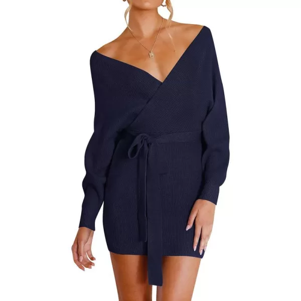 imageZESICA Womens 2023 Fall Long Batwing Sleeve Wrap V Neck Knitted Backless Bodycon Pullover Sweater Dress with BeltNavy