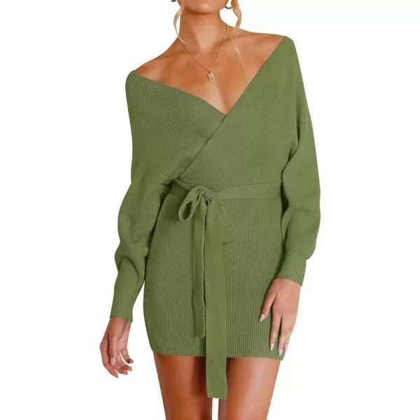 imageZESICA Womens 2023 Fall Long Batwing Sleeve Wrap V Neck Knitted Backless Bodycon Pullover Sweater Dress with BeltOlive