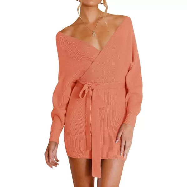 imageZESICA Womens 2023 Fall Long Batwing Sleeve Wrap V Neck Knitted Backless Bodycon Pullover Sweater Dress with BeltPeach