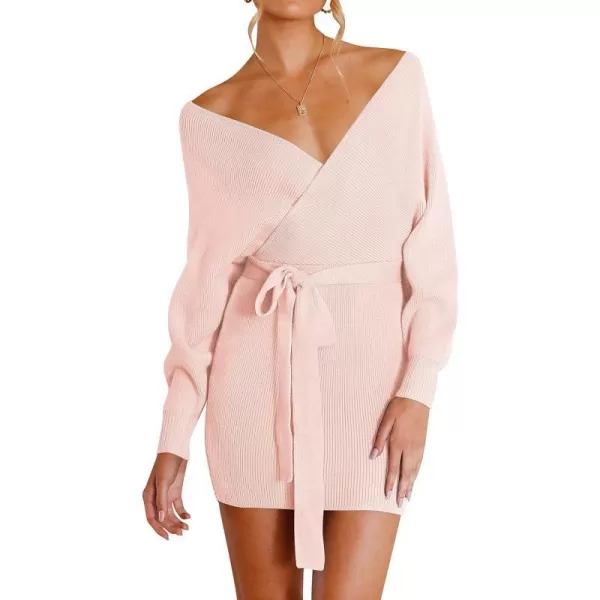 imageZESICA Womens 2023 Fall Long Batwing Sleeve Wrap V Neck Knitted Backless Bodycon Pullover Sweater Dress with BeltPink