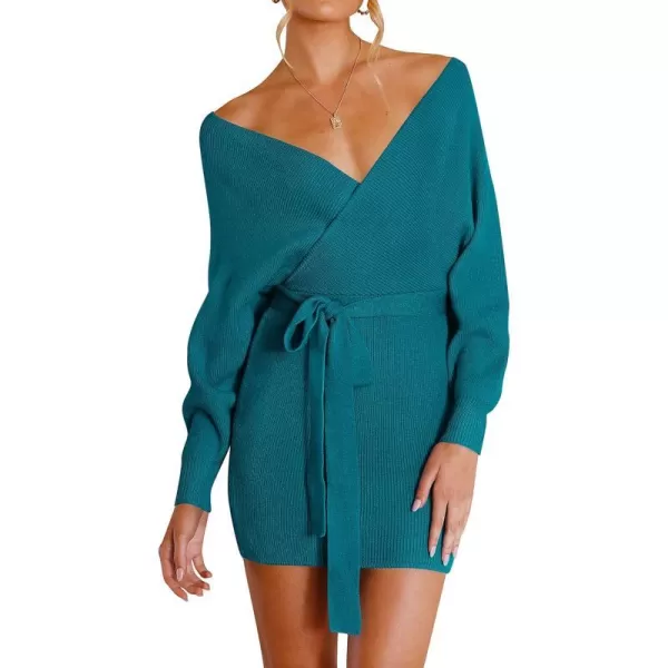 imageZESICA Womens 2023 Fall Long Batwing Sleeve Wrap V Neck Knitted Backless Bodycon Pullover Sweater Dress with BeltTeal