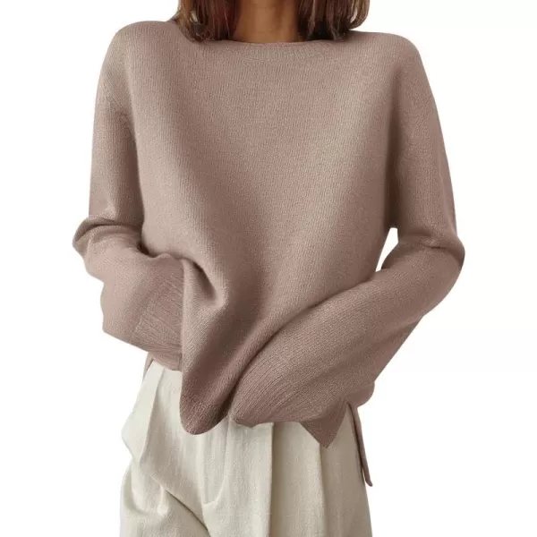 imageZESICA Womens 2023 Fall Long Sleeve Crew Neck Soft Knit Side Slit Comfy Loose Pullover Sweater Jumper TopsAlmond