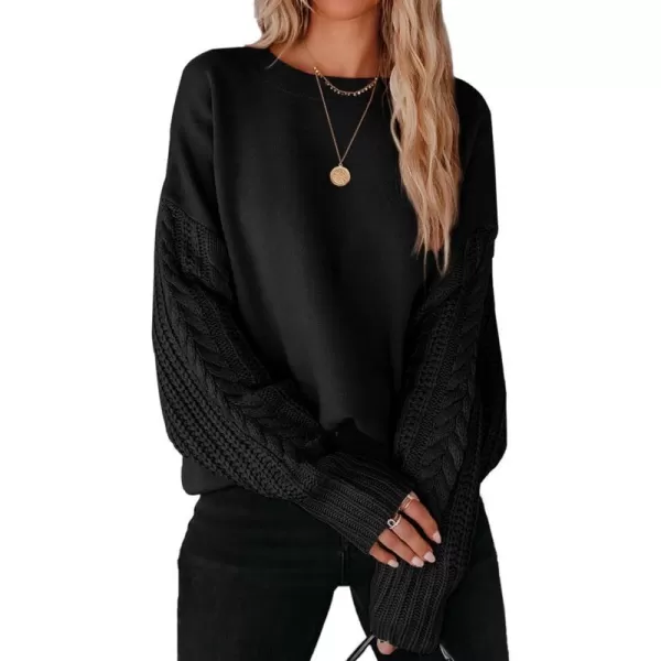 imageZESICA Womens 2023 Fall Long Sleeve Crew Neck Solid Color Cable Knit Chunky Casual Oversized Pullover Sweater TopsBlack