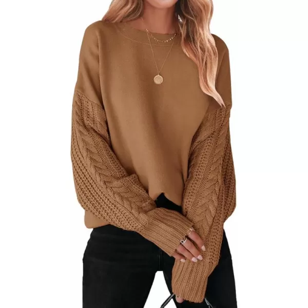 imageZESICA Womens 2023 Fall Long Sleeve Crew Neck Solid Color Cable Knit Chunky Casual Oversized Pullover Sweater TopsCamel
