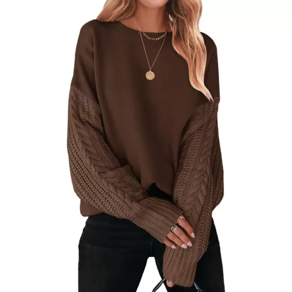 imageZESICA Womens 2023 Fall Long Sleeve Crew Neck Solid Color Cable Knit Chunky Casual Oversized Pullover Sweater TopsCoffee