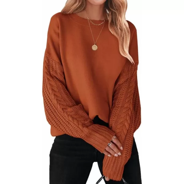 imageZESICA Womens 2023 Fall Long Sleeve Crew Neck Solid Color Cable Knit Chunky Casual Oversized Pullover Sweater TopsDeeporange