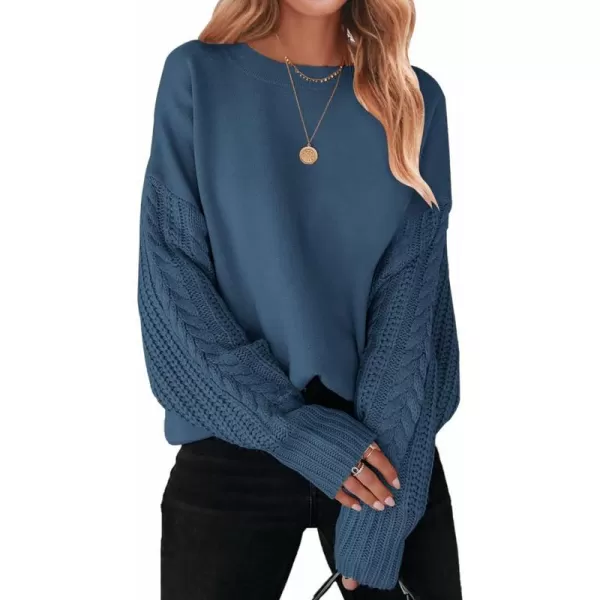 imageZESICA Womens 2023 Fall Long Sleeve Crew Neck Solid Color Cable Knit Chunky Casual Oversized Pullover Sweater TopsDustyblue