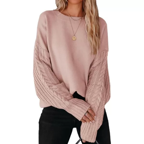 imageZESICA Womens 2023 Fall Long Sleeve Crew Neck Solid Color Cable Knit Chunky Casual Oversized Pullover Sweater TopsGreypink