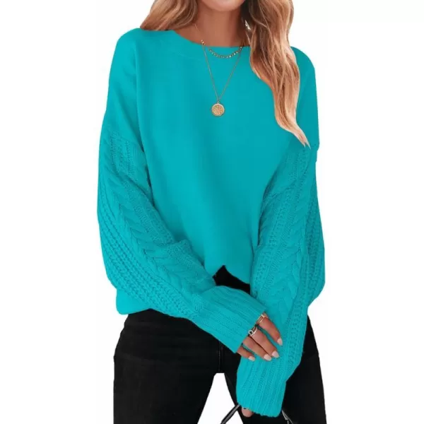 imageZESICA Womens 2023 Fall Long Sleeve Crew Neck Solid Color Cable Knit Chunky Casual Oversized Pullover Sweater TopsLakeblue