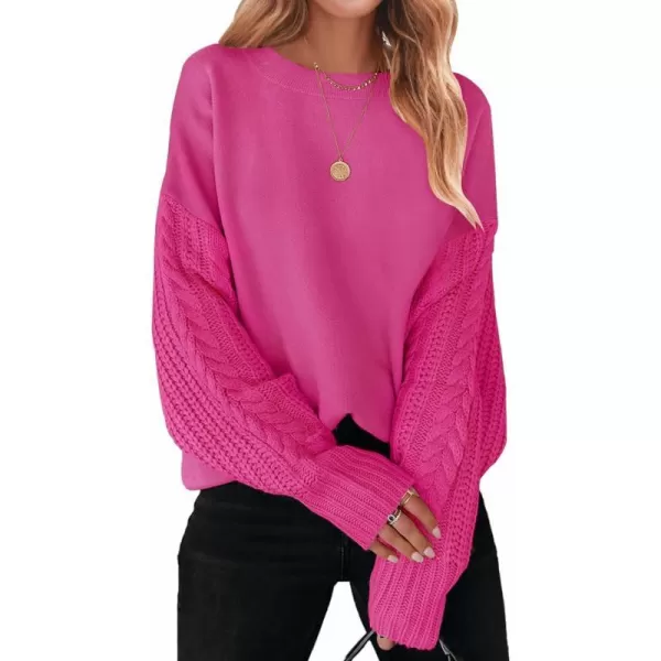 imageZESICA Womens 2023 Fall Long Sleeve Crew Neck Solid Color Cable Knit Chunky Casual Oversized Pullover Sweater TopsRose