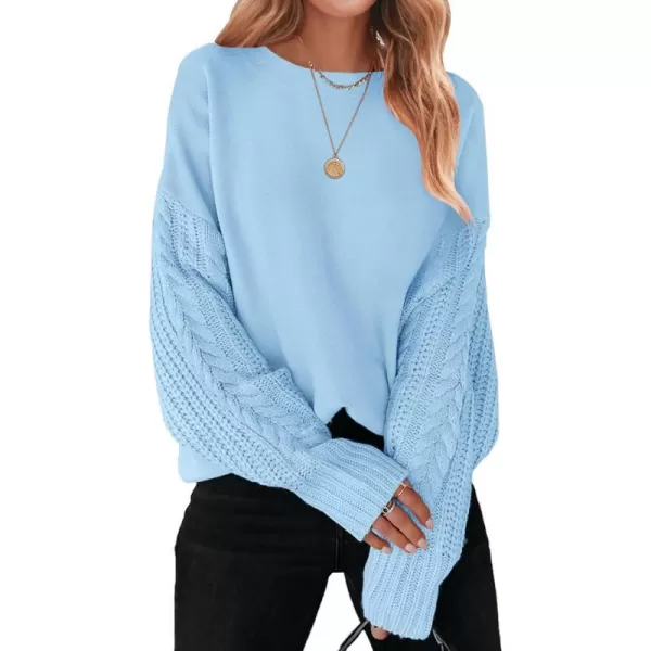 imageZESICA Womens 2023 Fall Long Sleeve Crew Neck Solid Color Cable Knit Chunky Casual Oversized Pullover Sweater TopsSkyblue