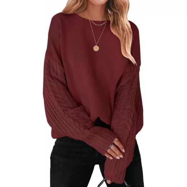imageZESICA Womens 2023 Fall Long Sleeve Crew Neck Solid Color Cable Knit Chunky Casual Oversized Pullover Sweater TopsWine