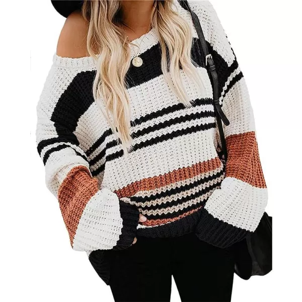 imageZESICA Womens 2023 Fall Long Sleeve Crew Neck Striped Color Block Casual Loose Knitted Pullover Sweater TopsBlack